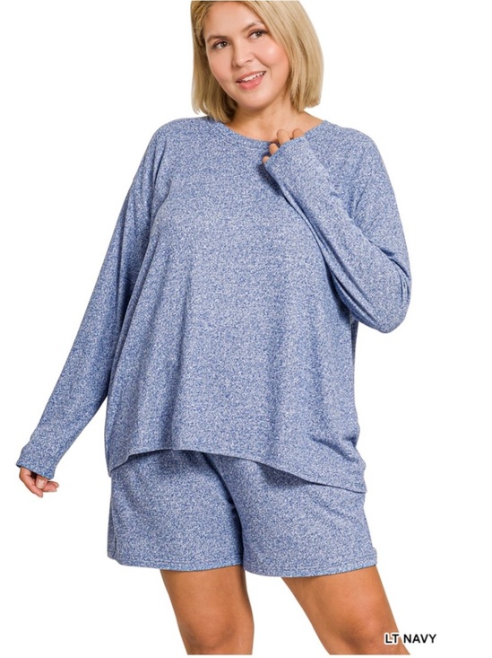 Zenana Outfitters Pants - NEW! Plus Size LT Navy Plus soft melange long sleeve tee & shorts set Size 1X